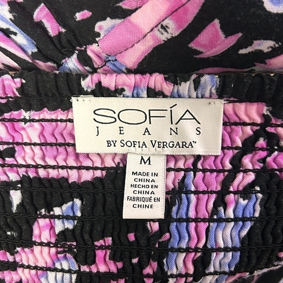 Sofia Jeans Vergara Dress Viscose Pink Multi Shirred Smocked Flutter Sleeves - Picture 13 of 16